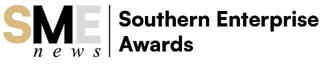 A black and white logo with a yellow and gray logo.